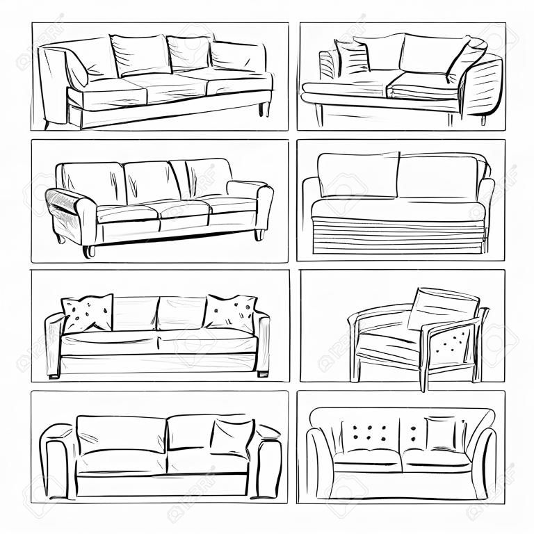 Schizzo di divani isolati su sfondo bianco. Illustrazione vettoriale