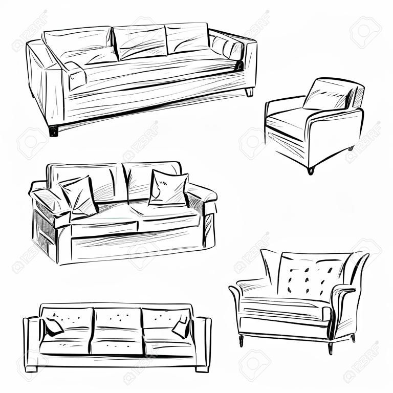 Schizzo di divani isolati su sfondo bianco. Illustrazione vettoriale