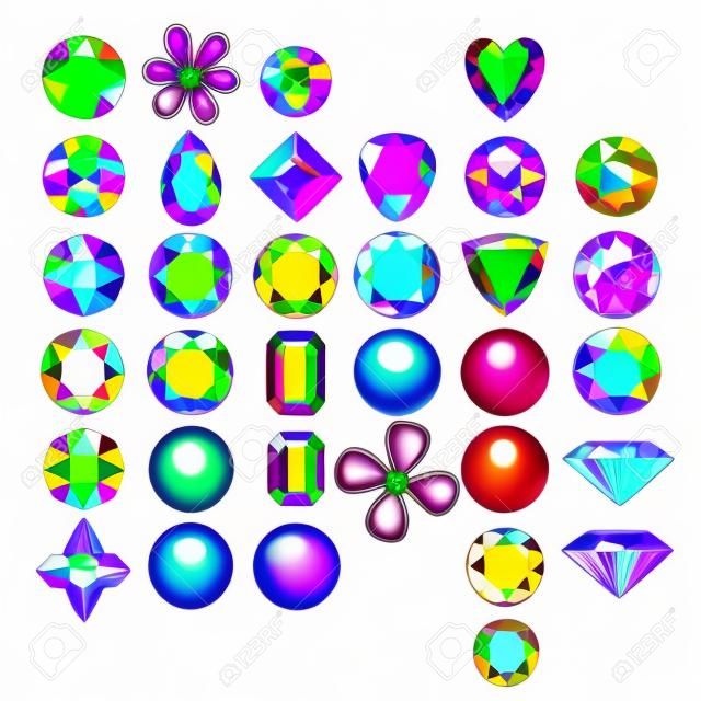 Set of colored gems isolated on white background, vector illustration