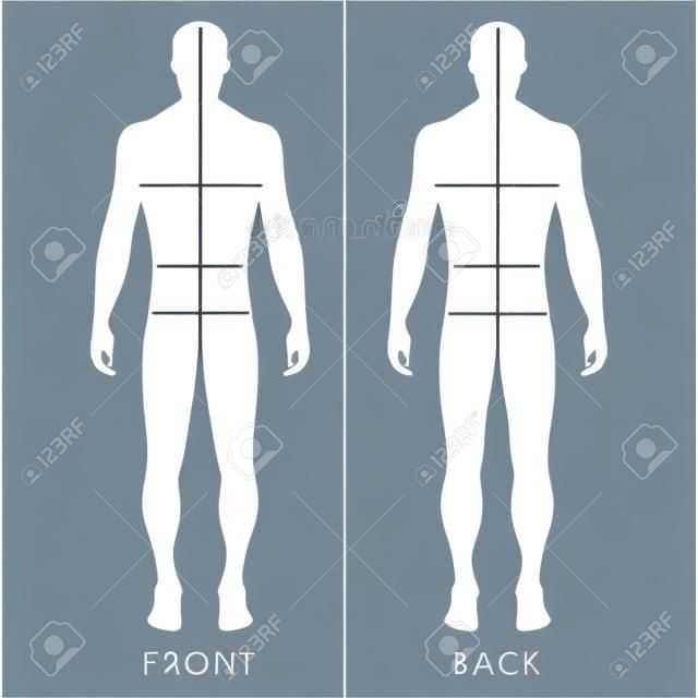 Fashion man's outlined template figure silhouette (front & back view) with marked body's sizes lines, vector illustration isolated on white background