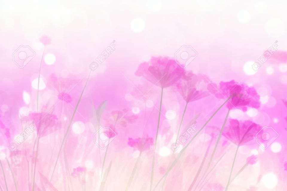 Mooie wazige bloemen veld achtergrond pastel roze en paarse kleuren helder ochtendzonlicht bokeh romantische illustratie gemaakt met generatieve ai