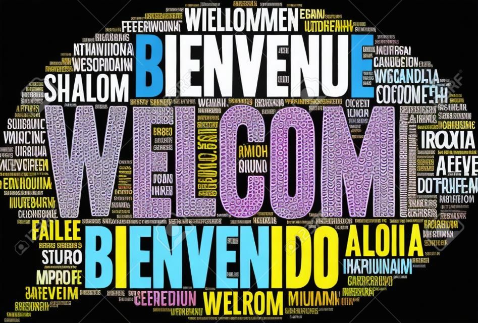 Internationale Willkommenswortwolke. Jedes in dieser Wortwolke verwendete Wort ist eine andere Sprachversion des Wortes Willkommen.