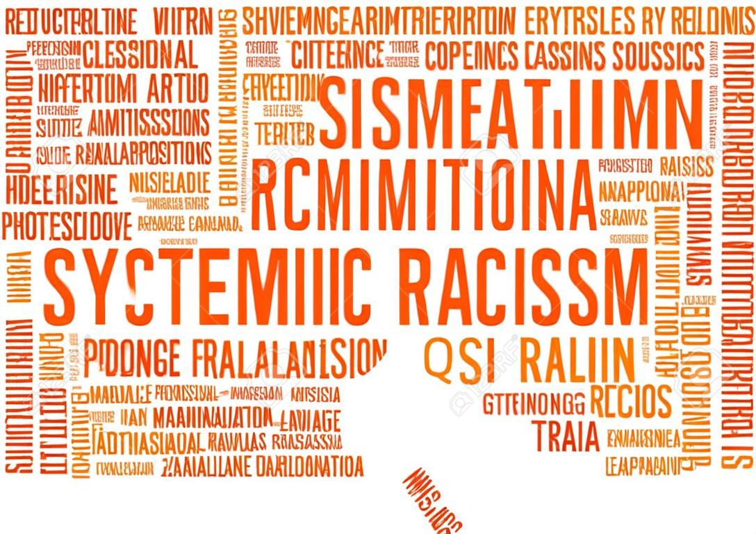 Nube di parola di razzismo sistemico su sfondo bianco.