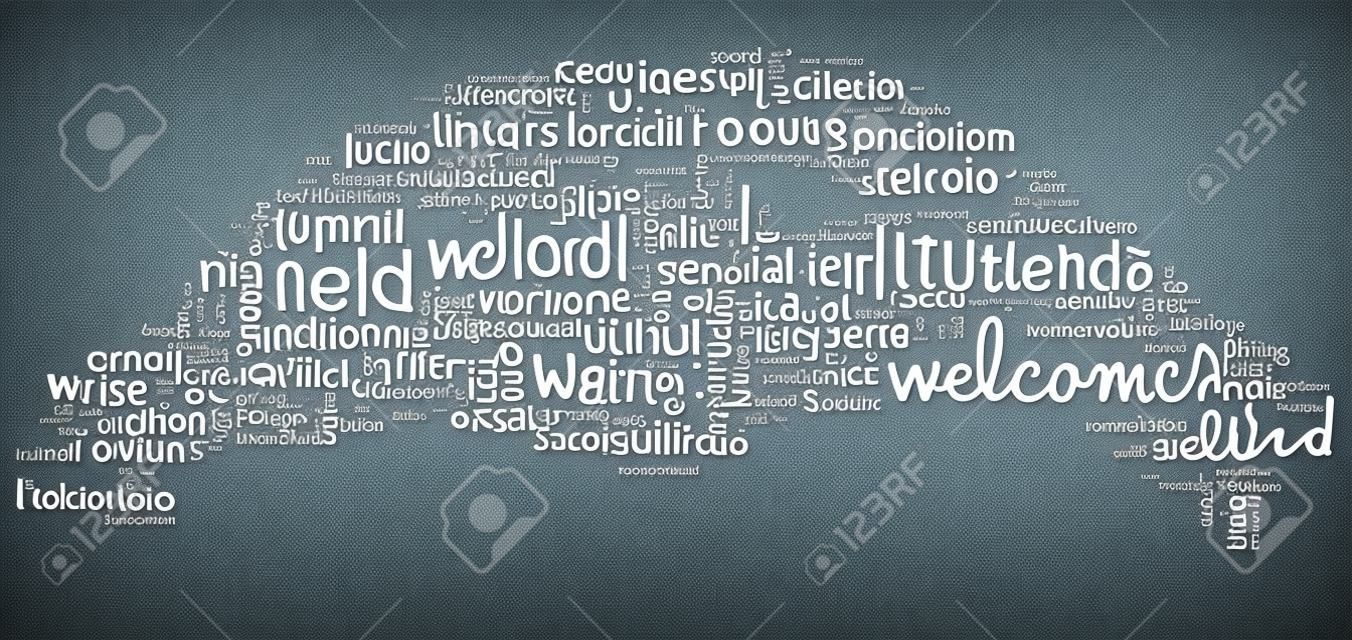 Nube de palabras de bienvenida internacional. Cada palabra utilizada en esta nube de palabras es una versión de la palabra Bienvenido en otro idioma.