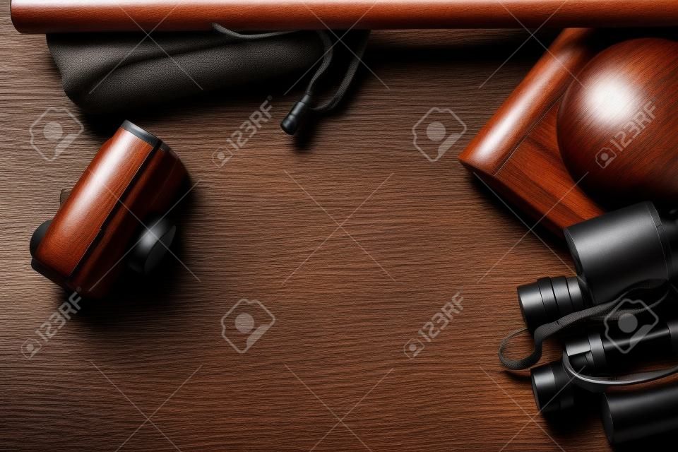 Scan background. Wooden background with camera, binoculars, cane...