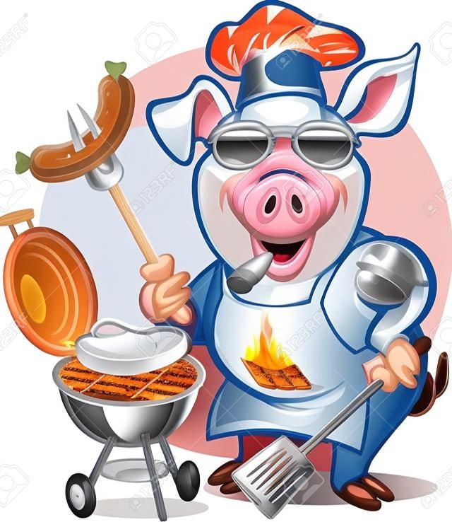Kreskówka świnia kucharz bbq grill gotowanie