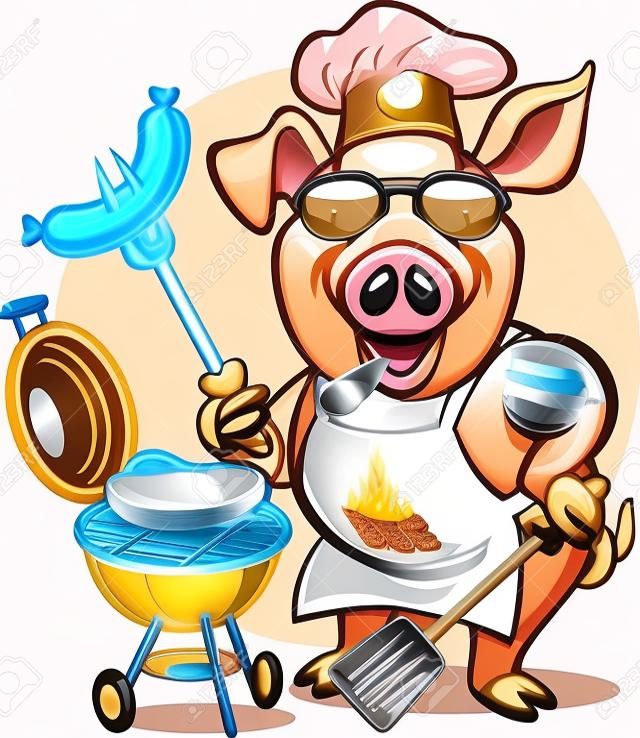 dessin animé, cochon, chef, barbecue, grill, cuisine