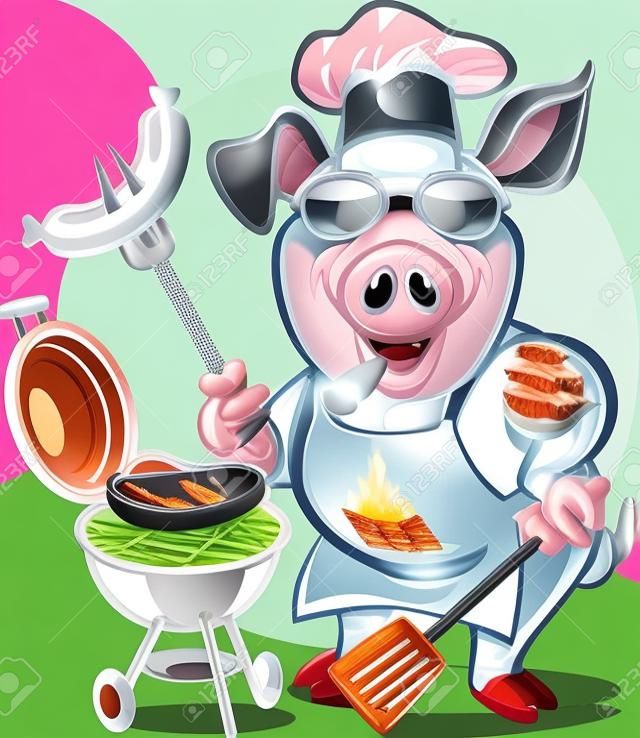 caricatura, cerdo, chef, bbq, parrilla, cocina
