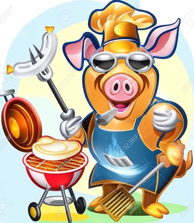 caricatura, cerdo, chef, bbq, parrilla, cocina