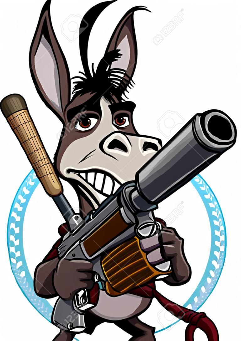 âne de style dessin animé tenant un pistolet et une chauve-souris