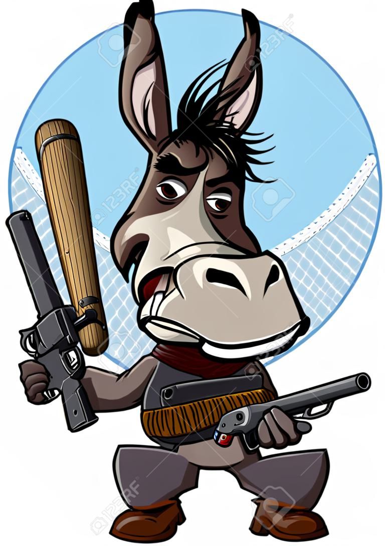 Esel im Cartoon-Stil mit Waffe und Fledermaus