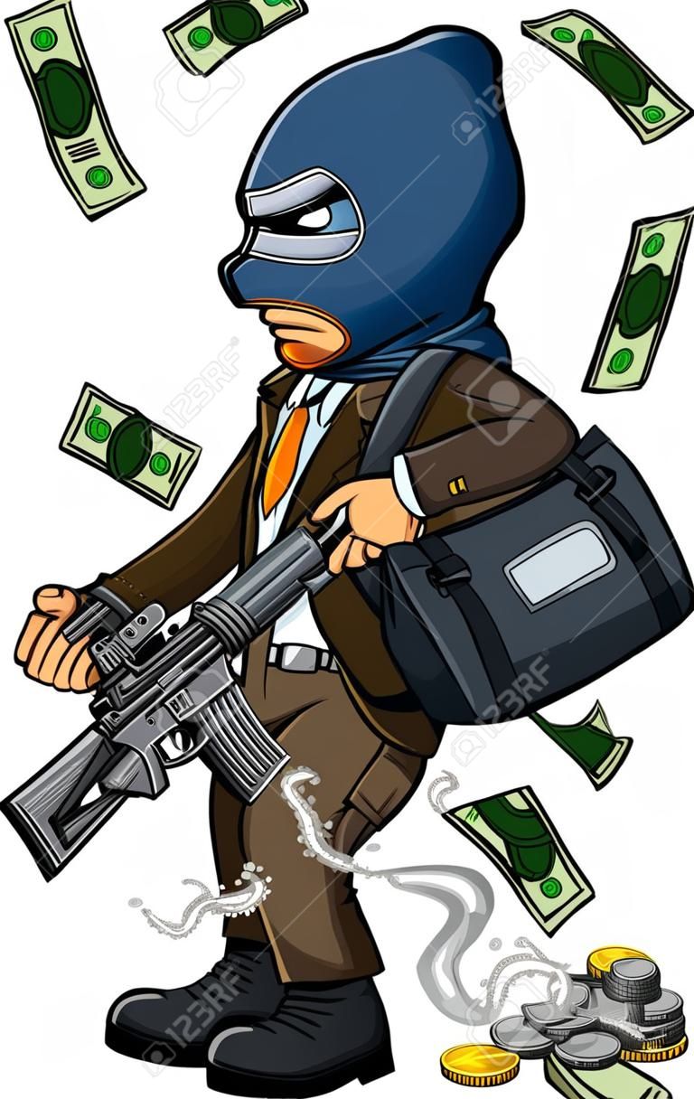 Rapinatore di banche in stile cartone animato che indossa una maschera da passamontagna che tiene un fucile d'assalto in una borsa piena di soldi