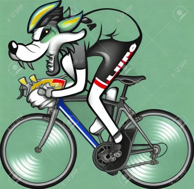 illustration of Cartoon style wolf riding racing bicycle