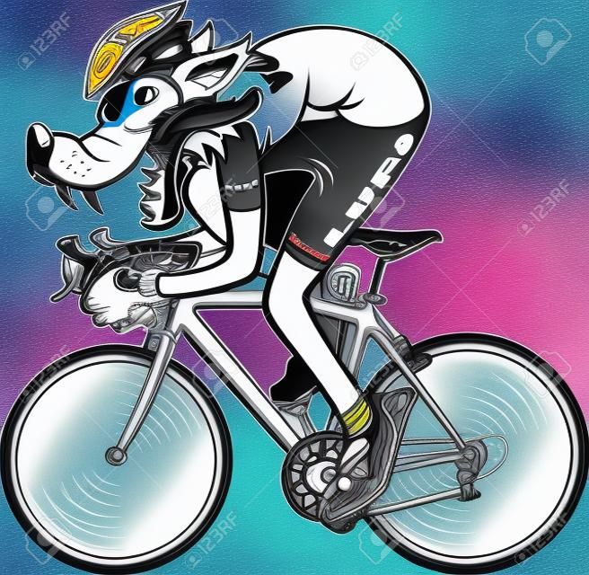 illustration of Cartoon style wolf riding racing bicycle