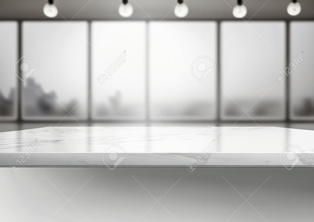 Dessus de table en marbre blanc vide et arrière-plan intérieur flou pour l'affichage du produit