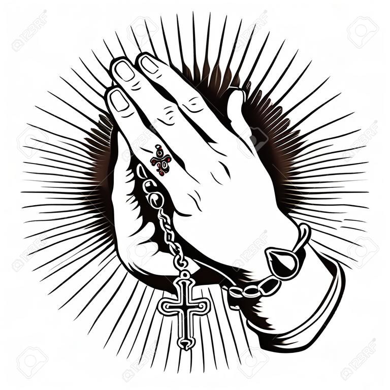 Молитва руки с четками и сияющей татуировки