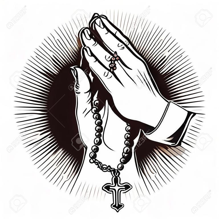 Молитва руки с четками и сияющей татуировки