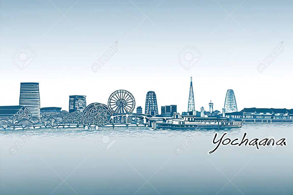 horizonte de scape de la ciudad de Yokohama en Japón dibujo a mano libre,