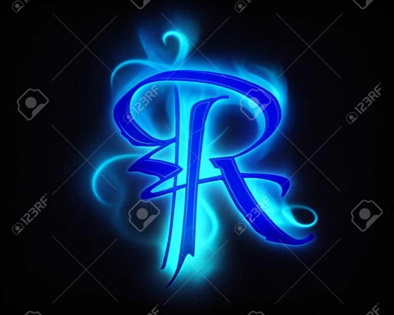 Blue flame magic font over black background. Letter R
