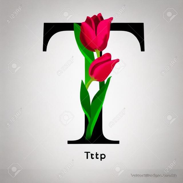 Alfabeto vetorial letra T com Tulipa. Tipo de conceito ABC. Design de tipografia
