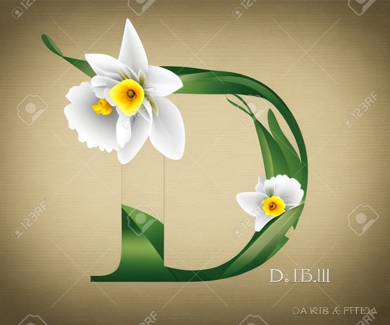 수선화 꽃 편지 D 벡터 알파벳입니다. ABC 개념 유형입니다. 타이포그래피 디자인