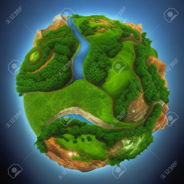 Geïsoleerde conceptuele globe met diversiteit in natuurlijke landschappen en omgevingen zie mijn andere mini-woord concepten