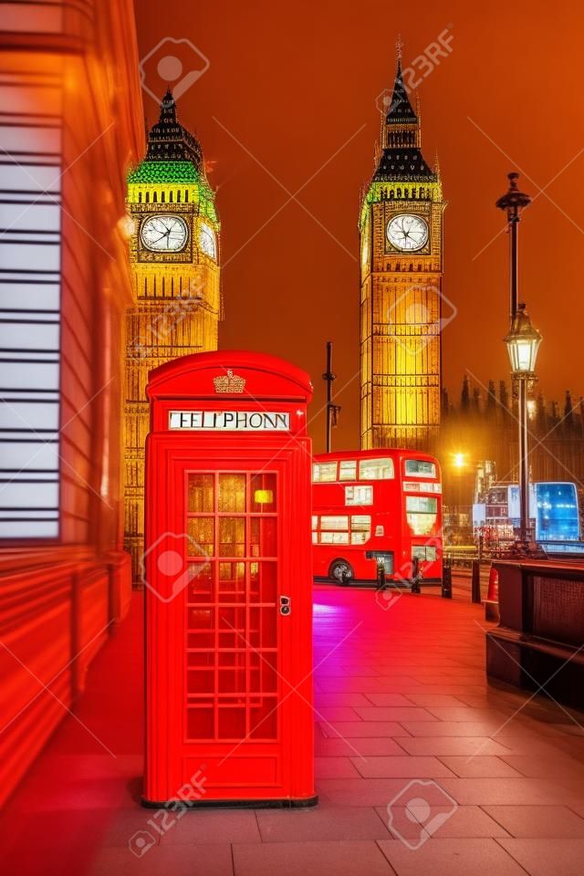 Red phone booth, double decker buses and Big Ben. London, England 