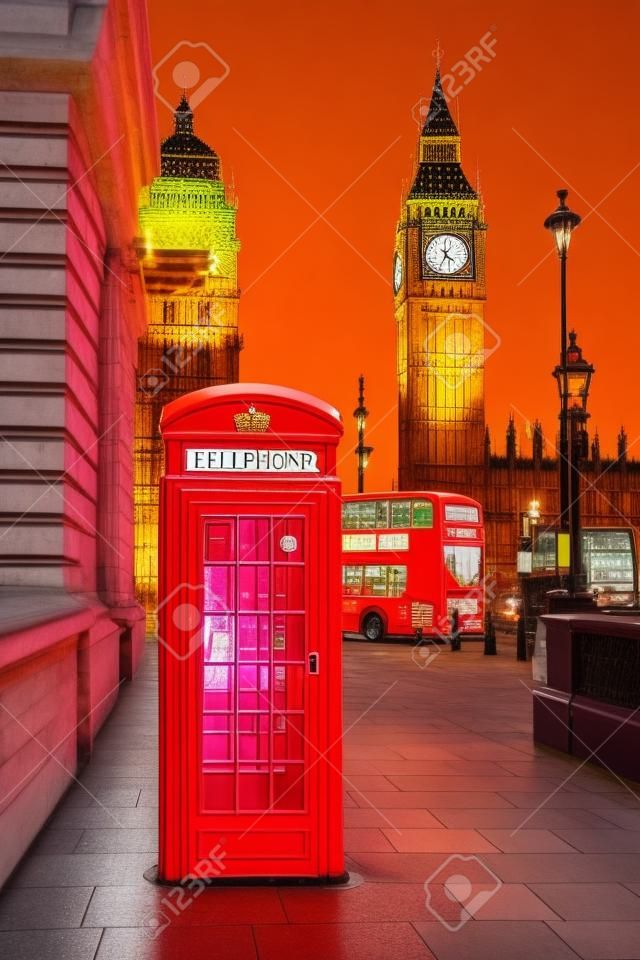 Red phone booth, double decker buses and Big Ben. London, England 