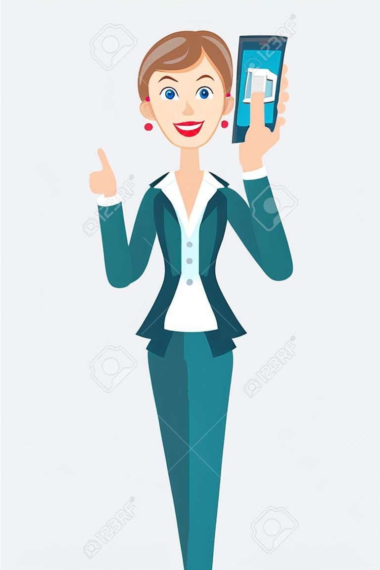 Businesswoman Talking On Mobile Phone And Pointing Up. Vector Illustration  In A Flat Style. Клипарты, SVG, векторы, и Набор Иллюстраций Без Оплаты  Отчислений. Image 78353646