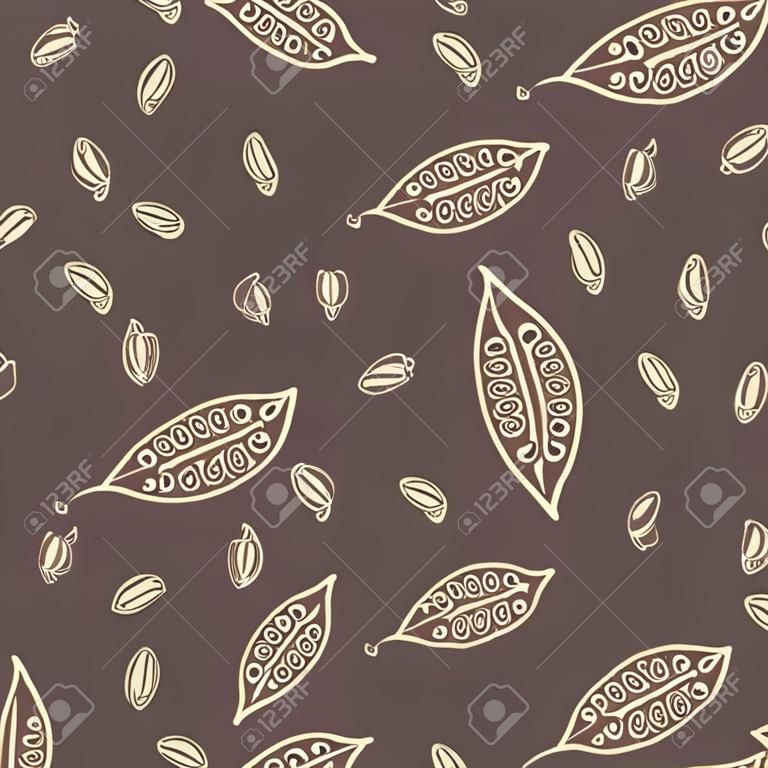 Seamless texture with cocoa fruits and cocoa leaves. Cocoa fruit on a brown background. Pattern for packaging cocoa and chocolate. Cocoa beans in vintage style.