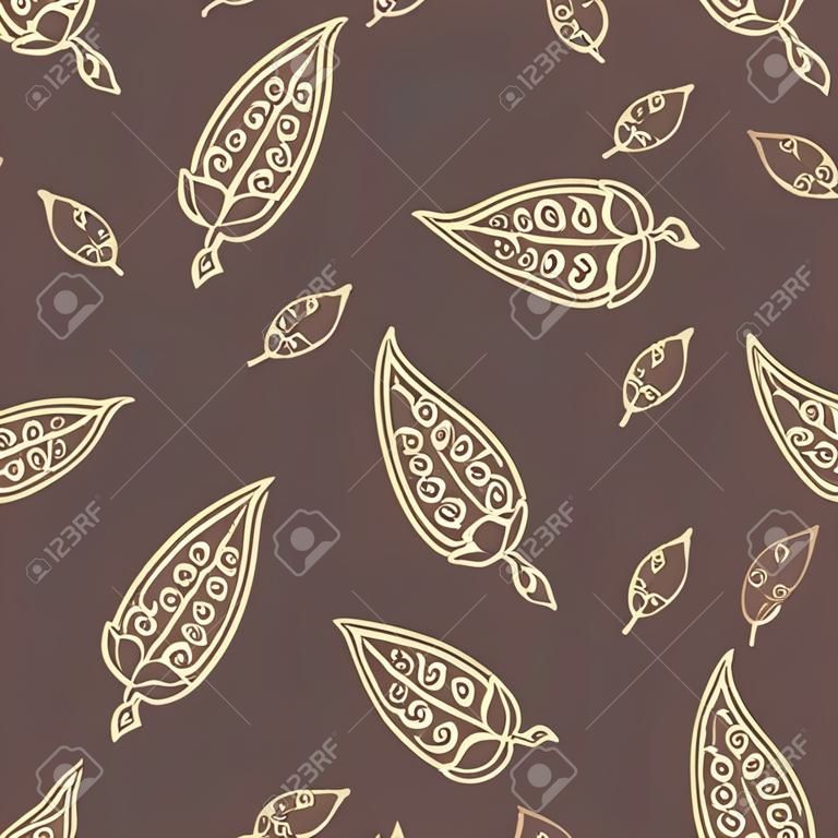 Seamless texture with cocoa fruits and cocoa leaves. Cocoa fruit on a brown background. Pattern for packaging cocoa and chocolate. Cocoa beans in vintage style.
