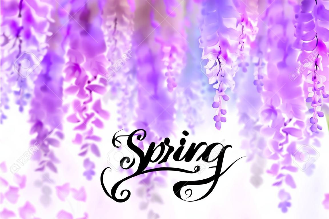 Advertisement about the spring sale on defocused with beautiful blooming wisteria illustration