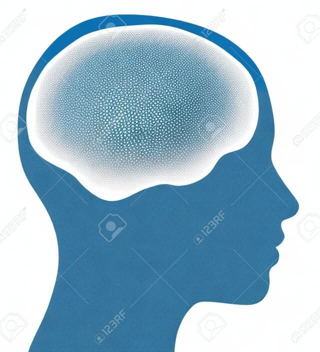 A grafikus egy női fej sziluett, fehér agyi terület elszigetelt, szilárd, fehér háttér