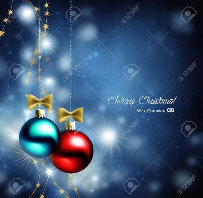 Blue Christmas background with two Christmas baubles 