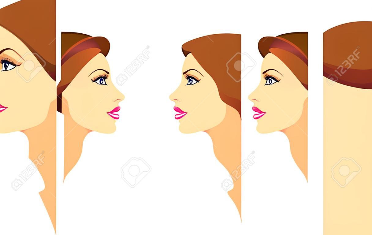 Volto femminile di profilo con diversi tipi di naso. Illustrazione vettoriale