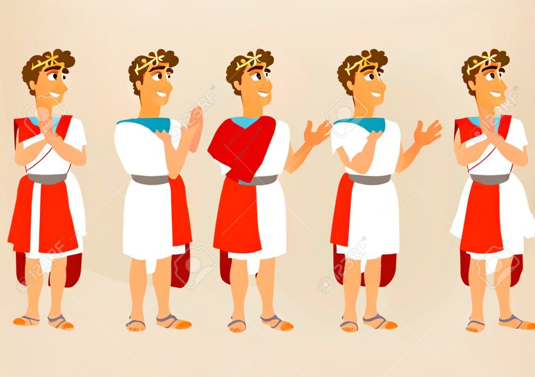 Personaje de dibujos animados romanos con diferentes gestos. Ilustración vectorial
