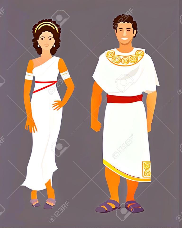 Hombre y mujer griegos antiguos en ropas tradicionales. Ilustración vectorial