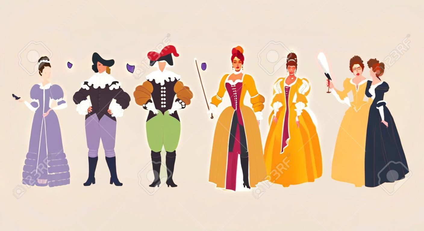 Groupe de personnes en costumes historiques des XVIIe et XVIIIe siècles. Illustration vectorielle de mode baroque et rococo