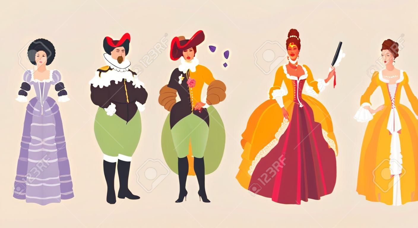 Groupe de personnes en costumes historiques des XVIIe et XVIIIe siècles. Illustration vectorielle de mode baroque et rococo