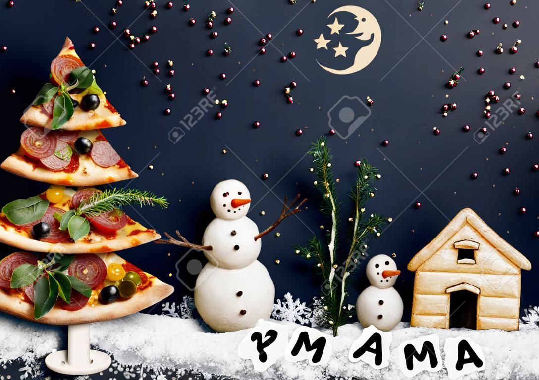 圣诞贺卡比萨饼树和雪人，圣诞卡片Naturmort