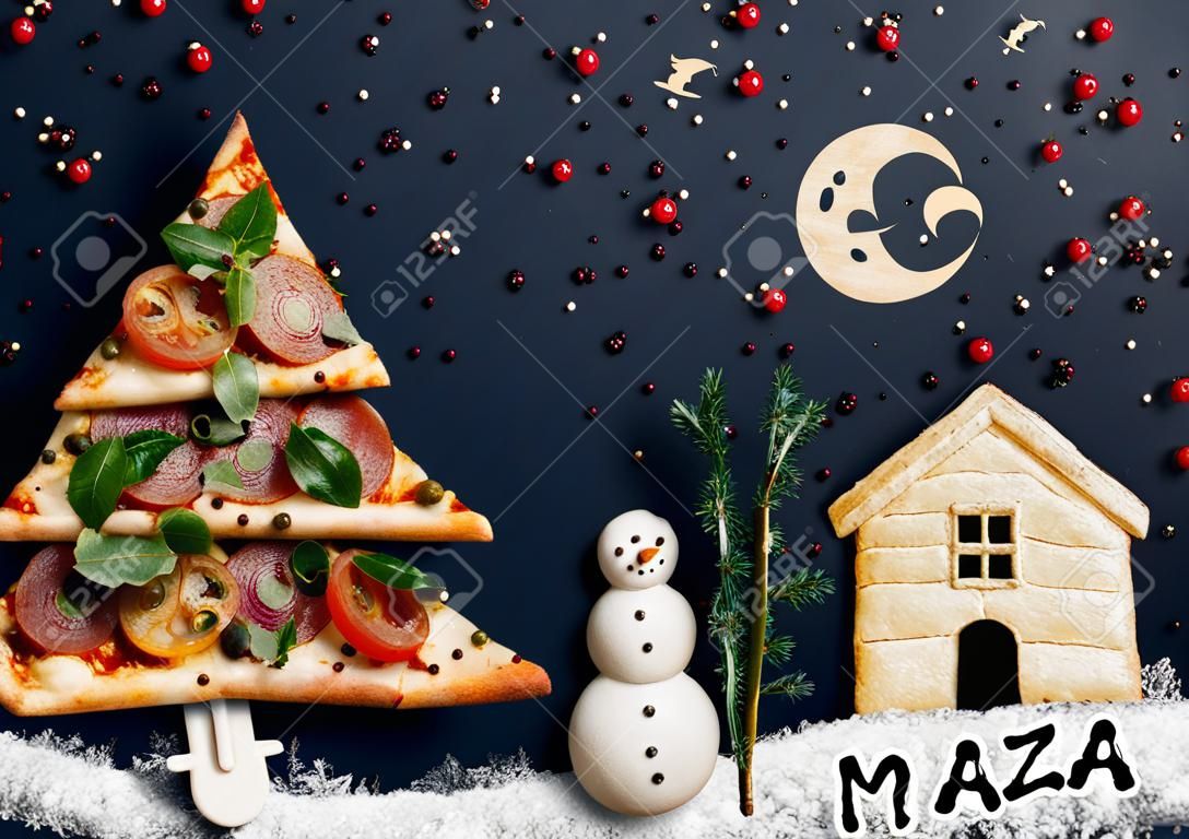 Karácsonyi kártya pizza fa és a hóember, karácsonyi kártyát Naturmort