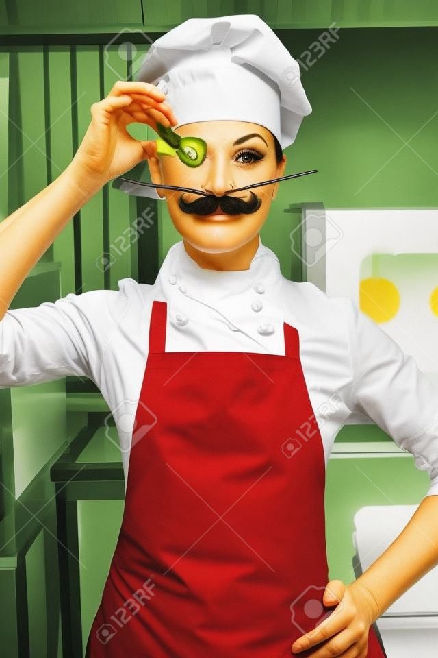 Chef féminin professionnel avec une moustache et une tranche de concombre dans un pince-nez, des copies de Salvador Dali