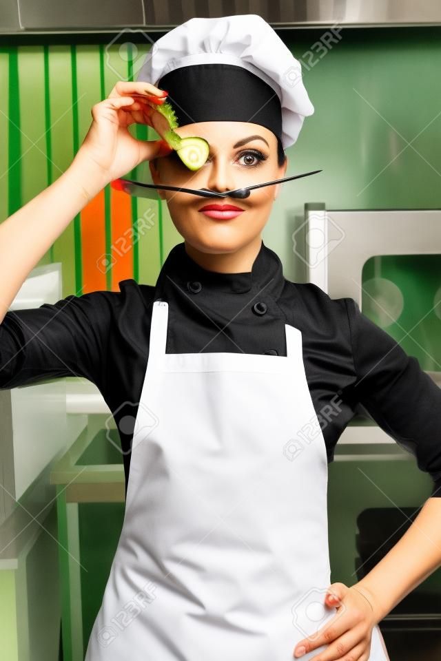 Professional female chef with a mustache and a slice of cucumber in a pince-nez, copies of Salvador Dali