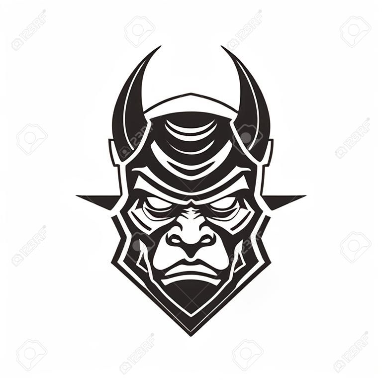 oni mask samurai, vintage logo line art concept black and white color, hand drawn illustration