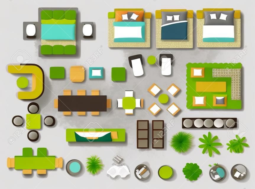 Belső ikonok felülnézet, fa, bútor, ágy, kanapé, karosszék, építészeti vagy tájtervezéshez, map.vector illusztráció
