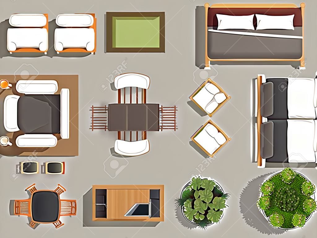 室内图标顶视图，树，家具，床，沙发，扶手椅，用于建筑或景观设计，用于map.vector图
