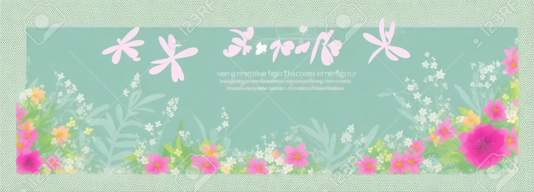 Vector vertical border with dragonflies, flowers, grass and plants. Summer style. Floral background.