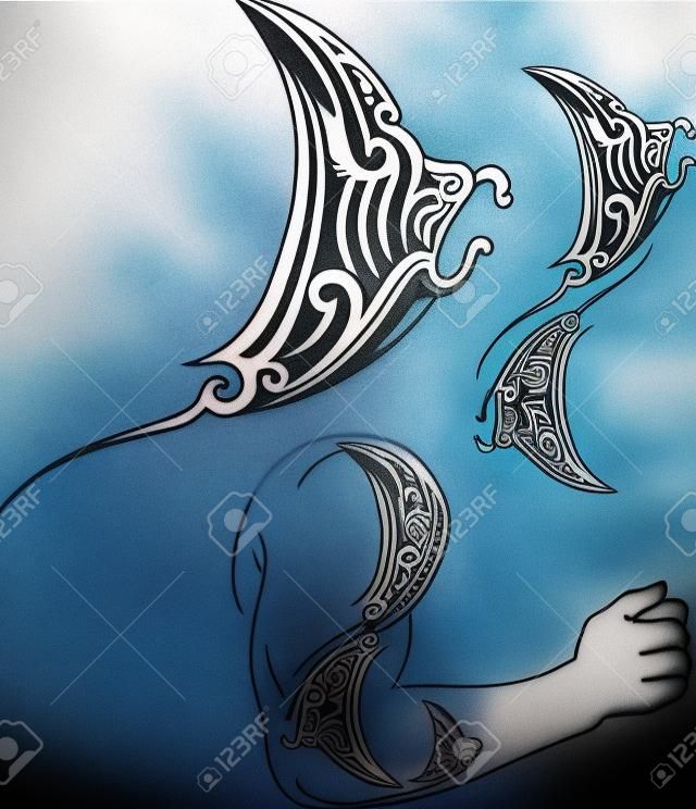 Maori motif de tatouage de style en forme de profil manta ray Fit pour l'épaule et l'avant-bras