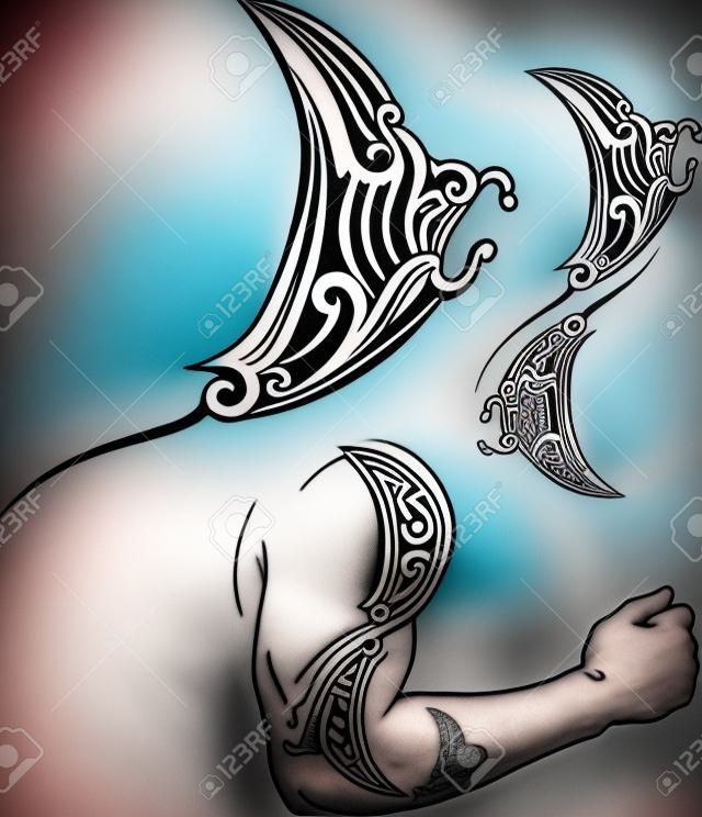 Maori Stil Tattoo Muster in Form von Mantarochen Profil Fit für Schulter und Unterarm