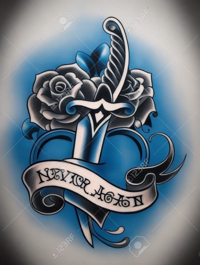 Tatuaje de estilo de la vieja escuela de un puñal en el corazón con rosas azules en el fondo